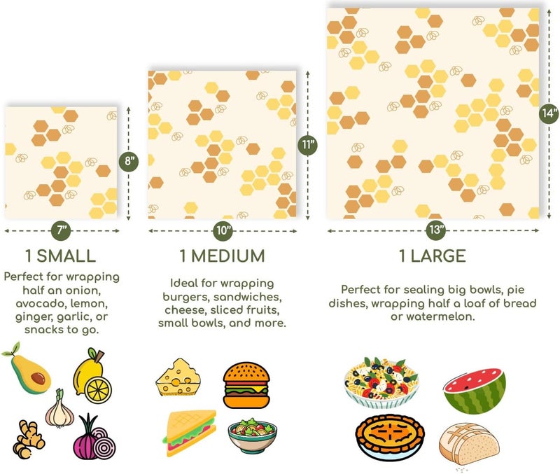 TRUSBEE Reusable Beeswax Food Wraps 3-Pack – Non Toxic, Plastic Free, Silicone Free, Sustainable, Environmentally Friendly, Organic Cotton Beeswax Wraps (S, M, L), Signature Design - Image 2